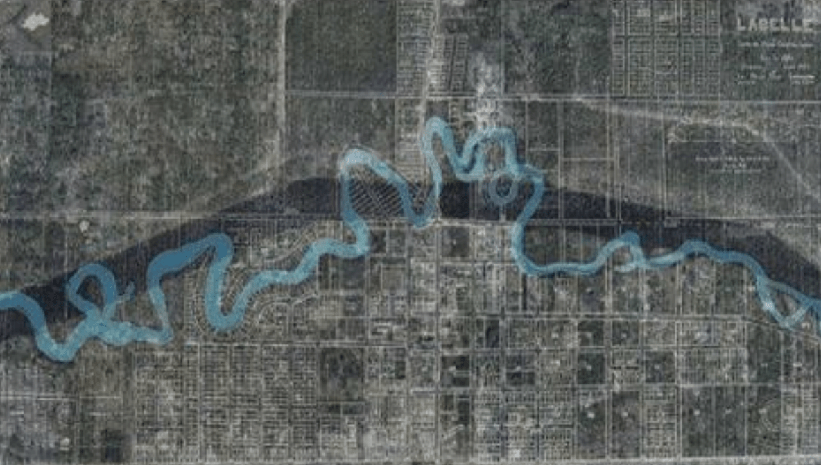 C-43: The map shows the area around LaBelle and how the quiet meandering Caloosahatchee River was dredged into a trench- a canal merely for the conveyance of excess water- "release to tide." To the management district our river is simply the C-43, that is canal #43.